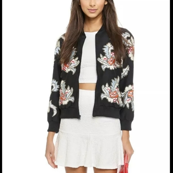Alice + Olivia Felisa Satin Floral  Jacket Embellished Black Size S NWT - Picture 1 of 9